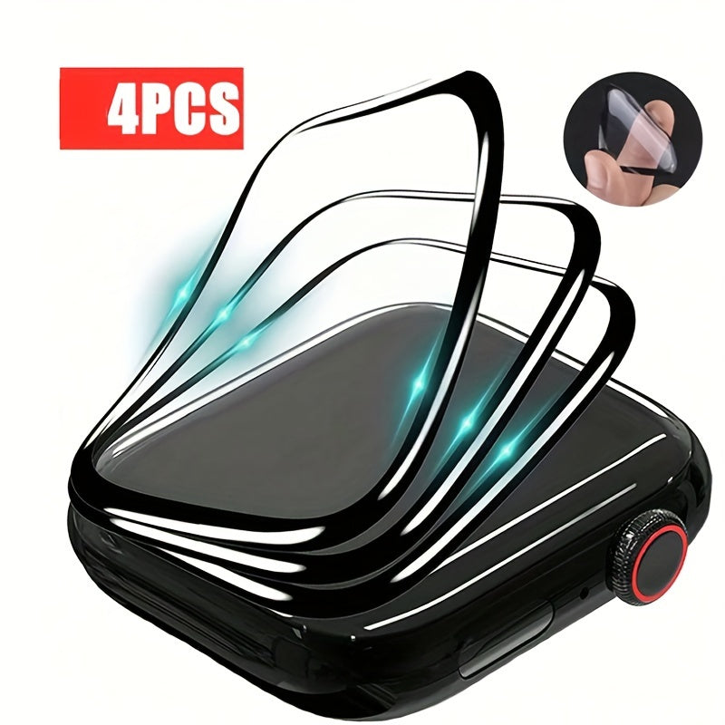 4-Pack Glossy Soft Glass Smartwatch Screen Protectors for Apple Watch SE/3/4/5/6/7/8 Full Coverage 9D Plastic Film