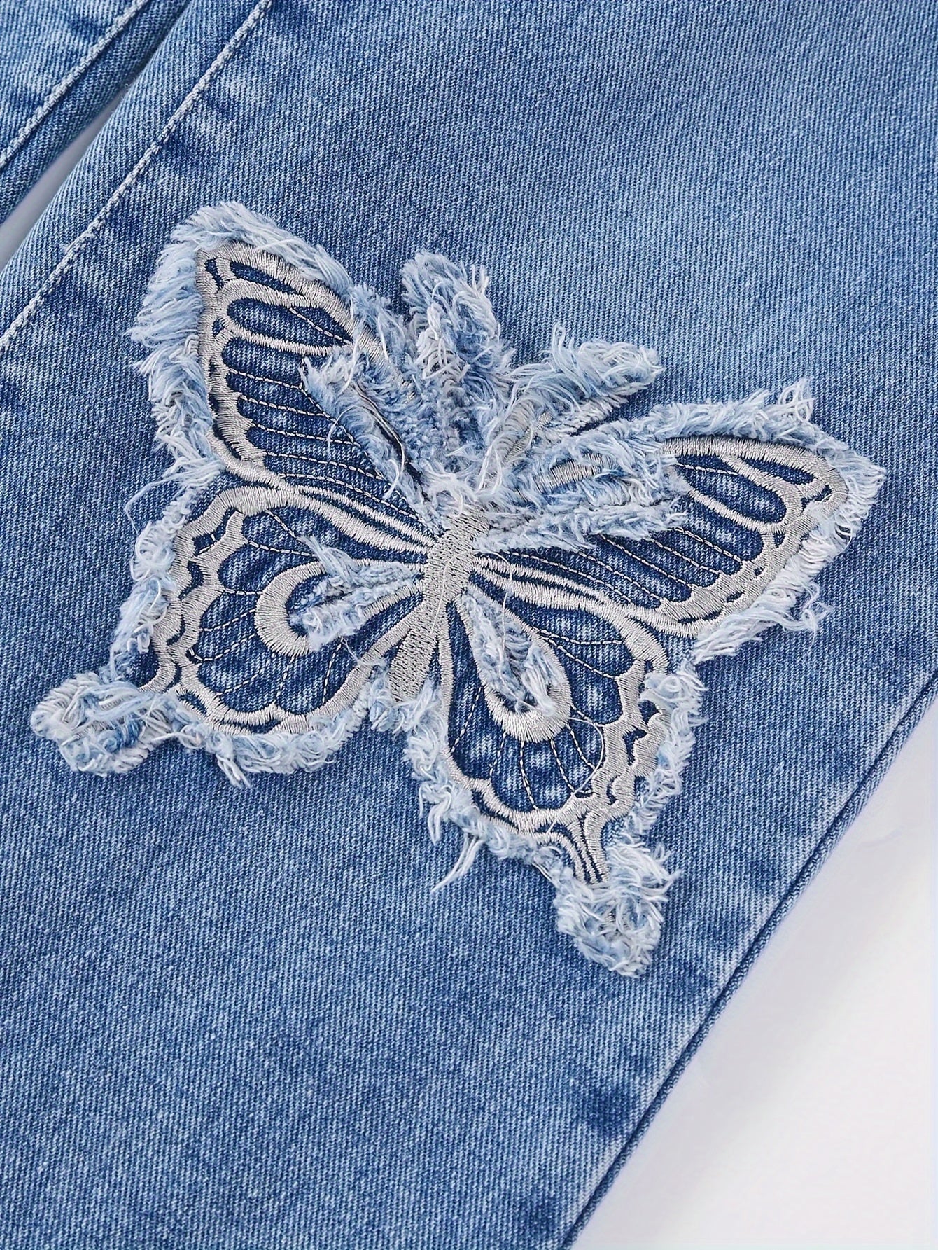 Girls Straight Leg Denim Jeans with Butterfly Embroidery Elastic Waist Casual Streetwear