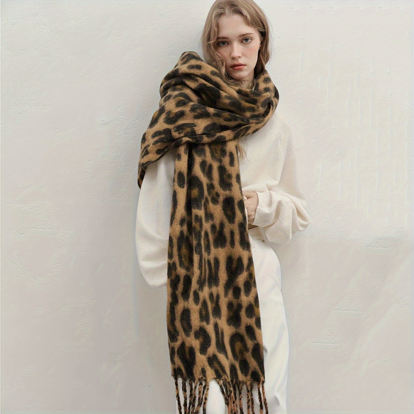 Leopard Print Scarf Cozy Thick Versatile Autumn Winter Polyester Khaki Brown Camel