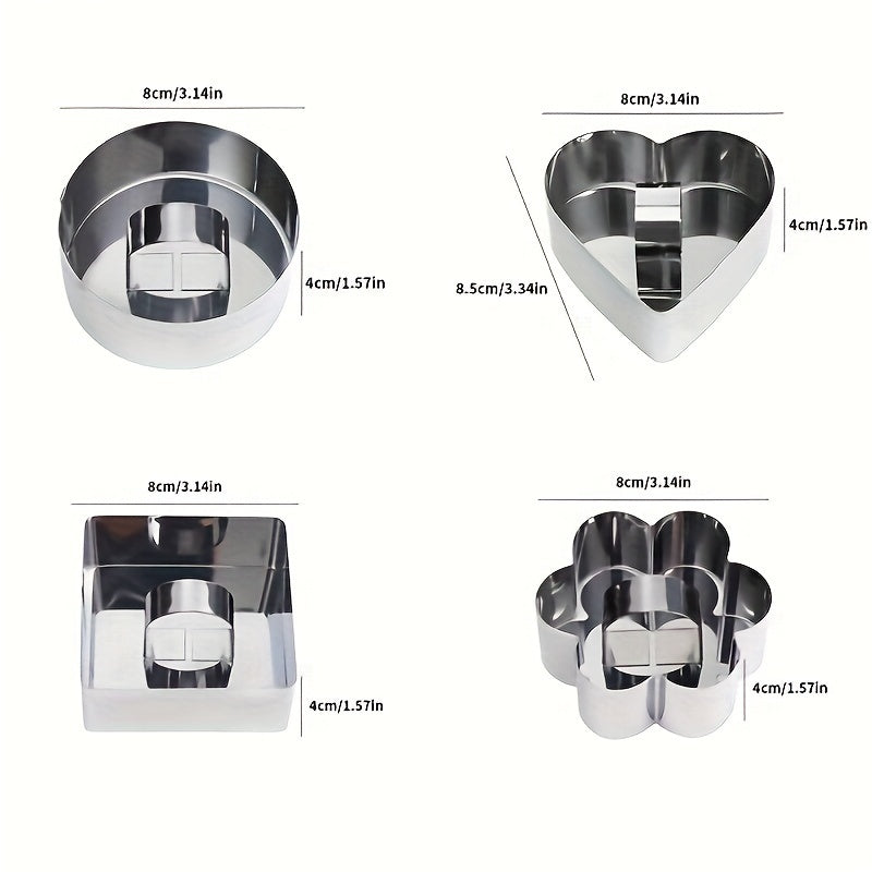 Stainless Steel Cake Mold Set with Push Plate Circular Heart Flower Shapes for Cheesecakes Pastries Cookies