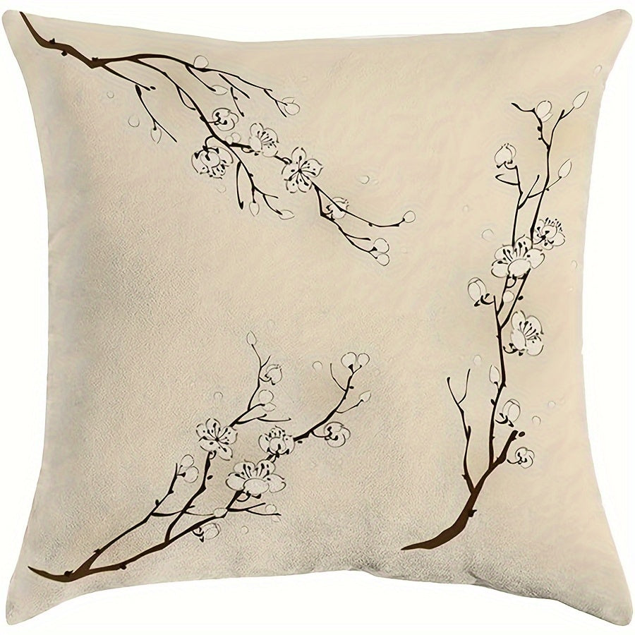 Set of Three Linen Throw Pillow Covers with Chinese Plum Blossom Design for Couch Sofa Decor