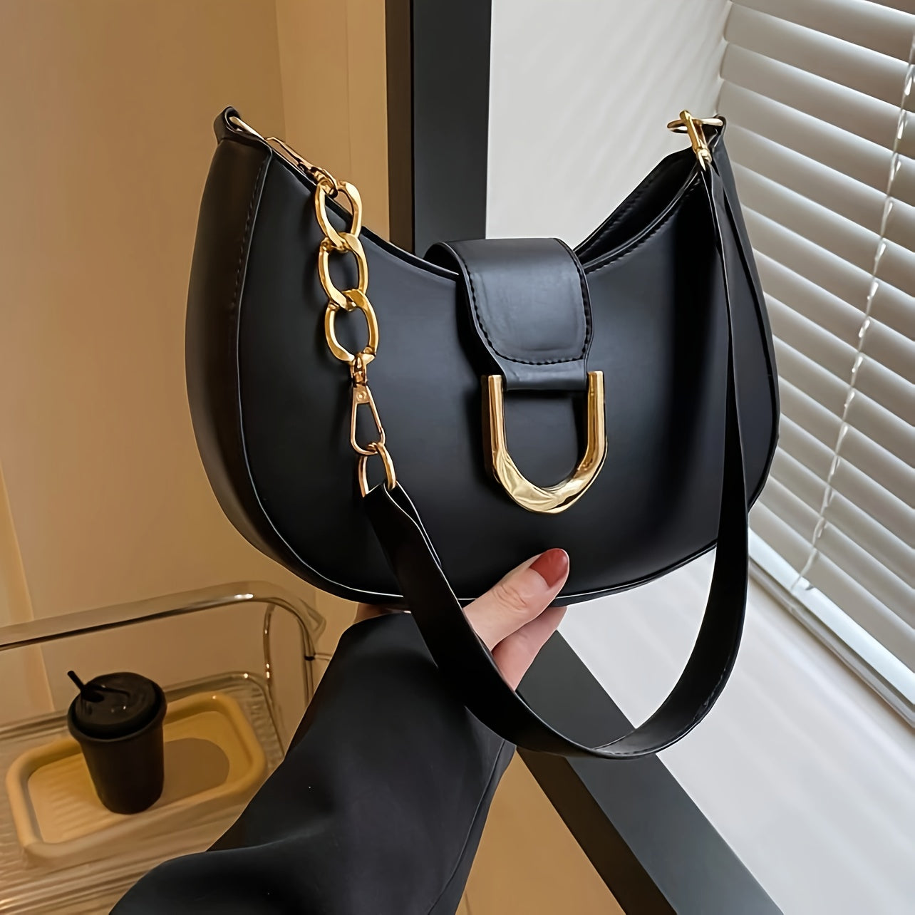Women's Crescent Shoulder Bag with Gold Hardware Solid Color PU Crossbody Bag