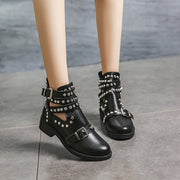 Women's Black Studded Ankle Boots with Chunky Heel and Buckle Details
