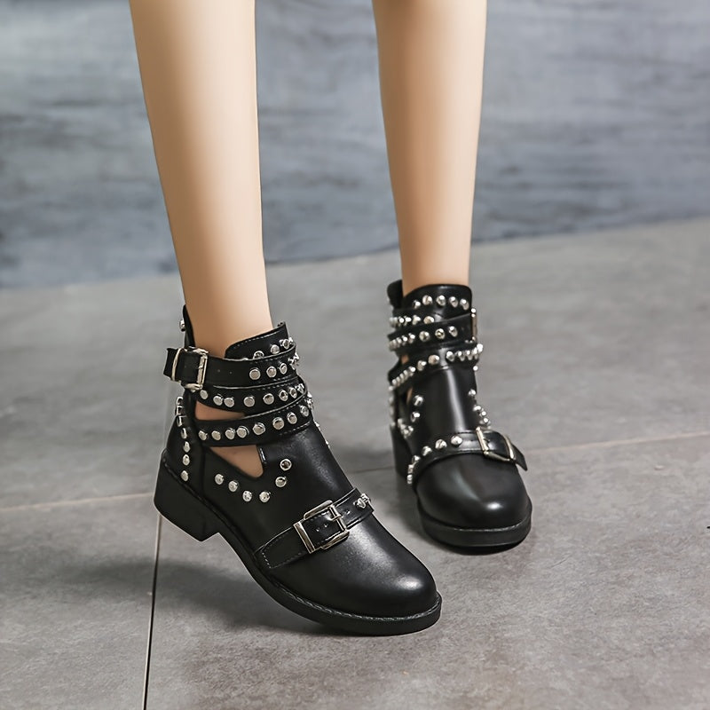 Women's Black Studded Ankle Boots with Chunky Heel and Buckle Details