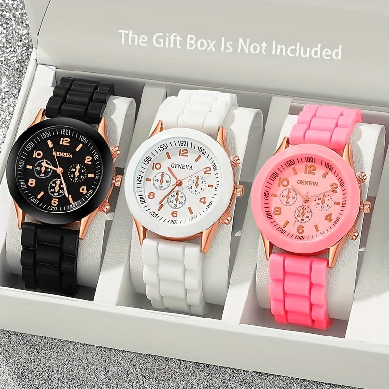 Набор из 3 универсальных повседневных кварцевых часов с хронографом, цифровым циферблатом, силиконовым ремешком