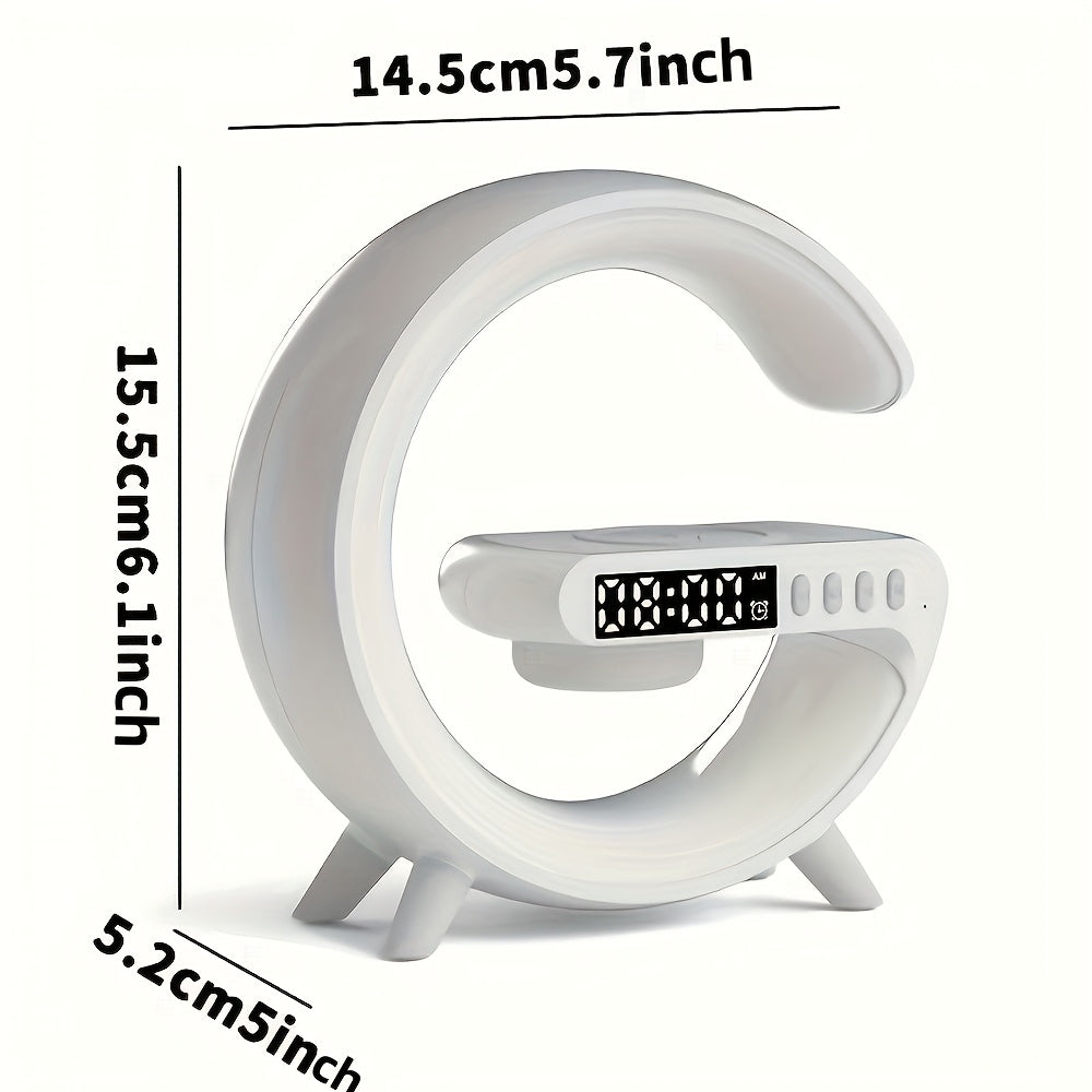 G-Shaped Wireless Speaker with RGB Lights Wireless Charging Digital Clock and 360° Sound