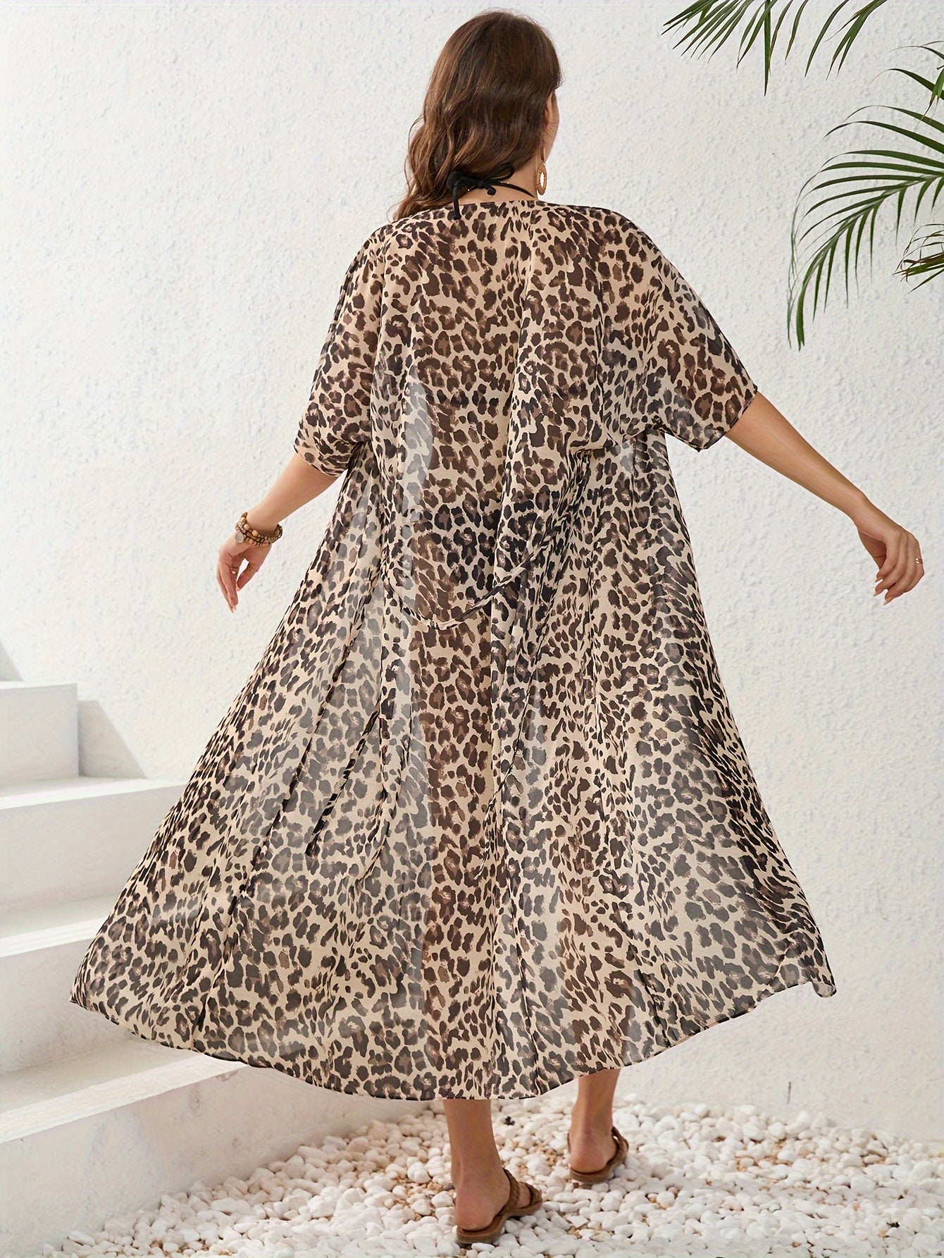 Women's Leopard Print Kimono Beach Cover-Up Semi-Sheer Polyester Sexy