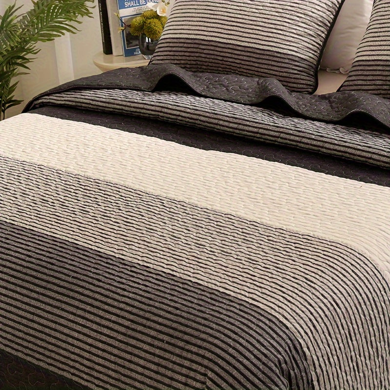 3-Piece Brushed Bedspread Set in Black Grey White Stripes with Pillowcases for Bedroom and Guest Room