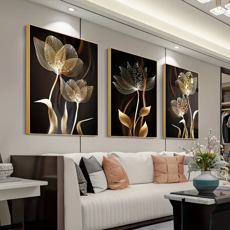 Set of 3 Gold Flower Canvas Wall Art Posters Frameless for Living Room Bedroom Kitchen