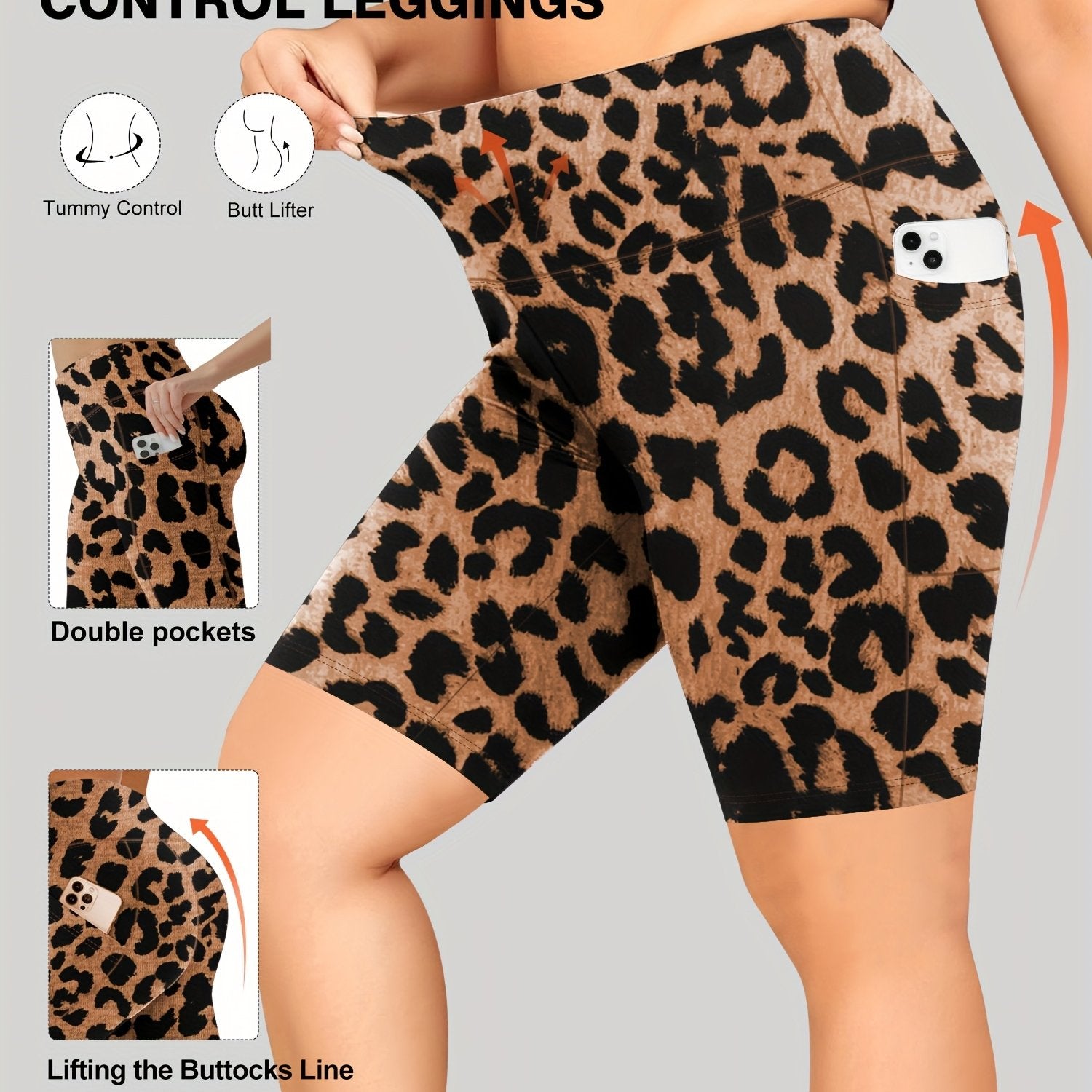 Women's High-Waist Tummy Control Yoga Shorts Black White Leopard Print Sports Workout