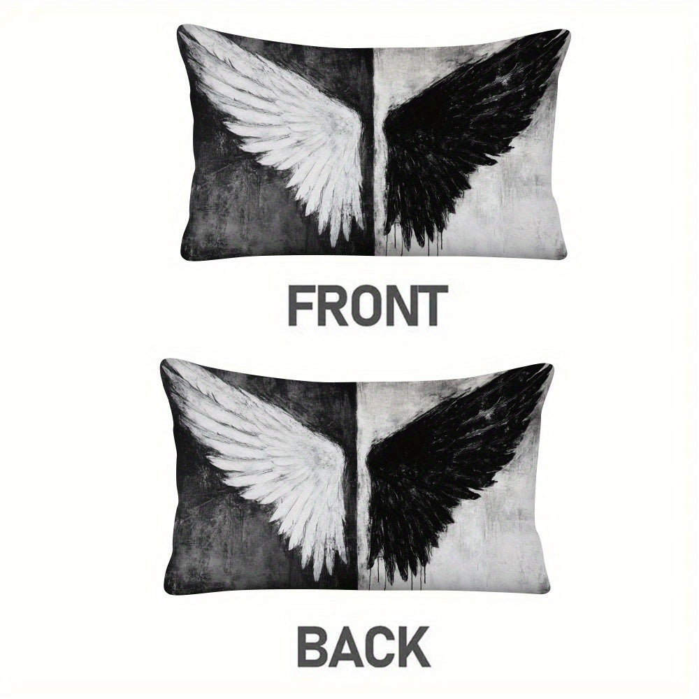Set of Two Black and White Angel Wings Pillow Covers Polyester Square Cushion Cases Zipper Closure for Sofa Bed Outdoor