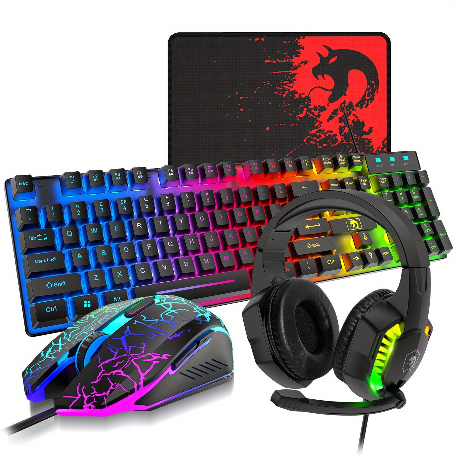 Wired Gaming Keyboard and Mouse Set with Rainbow LED Backlit and Headset for PC and Console