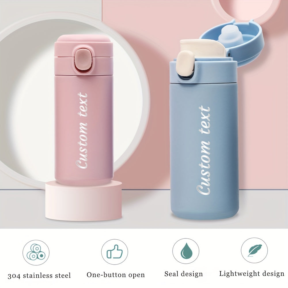 Maxsus lazer bilan o'yilgan matnli zanglamas po'latdan yasalgan suv shishasi, o'lchamlari 7-320ml/11-420ml, qulay foydalanish uchun ko'tariladigan qopqoq, sport va sayohat uchun ideal.