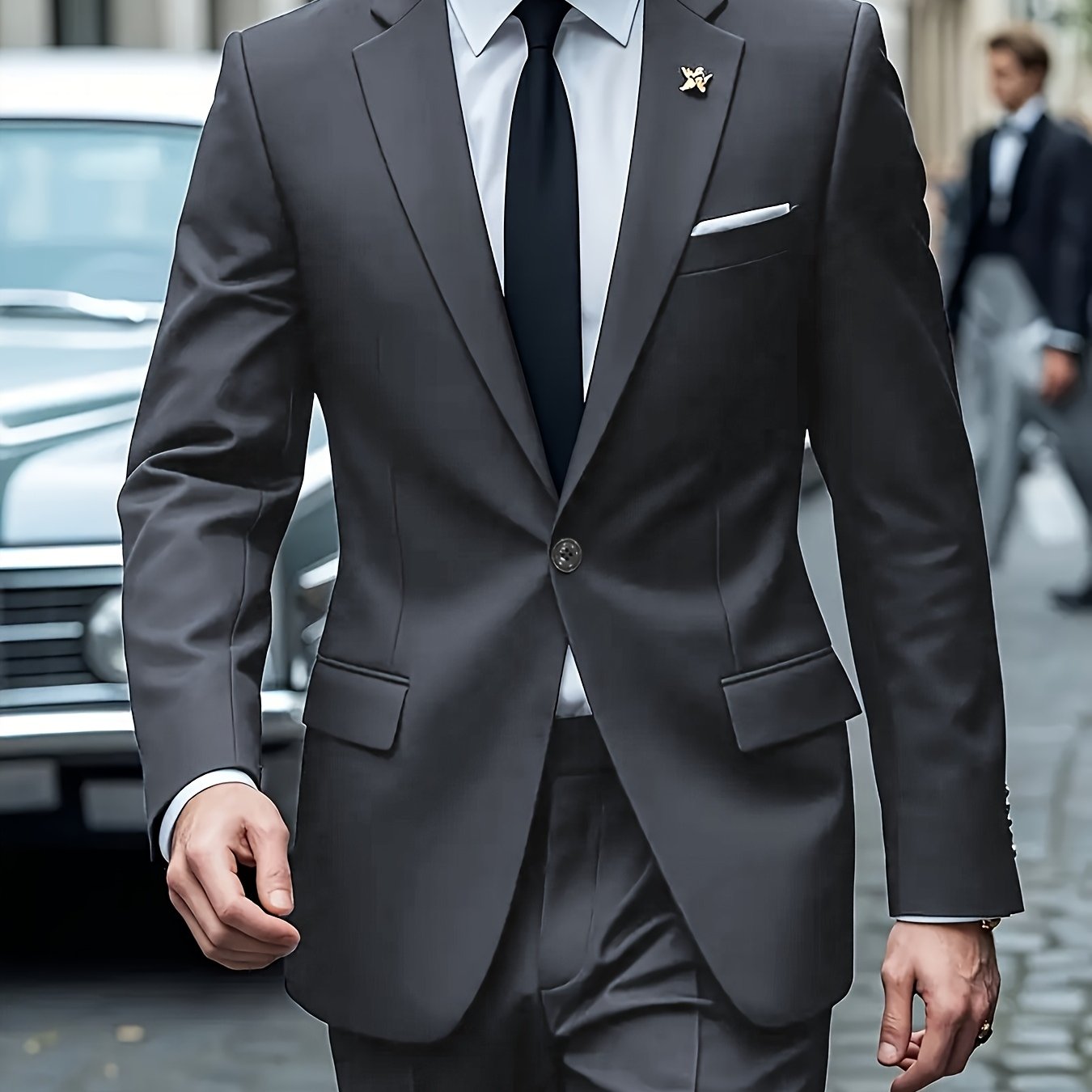 Bir xil rangdagi erkaklar kostyumi, muhrlangan cho'ntaklar, oddiy kesimli shimlar, biznes va to'ylar uchun mukammal.