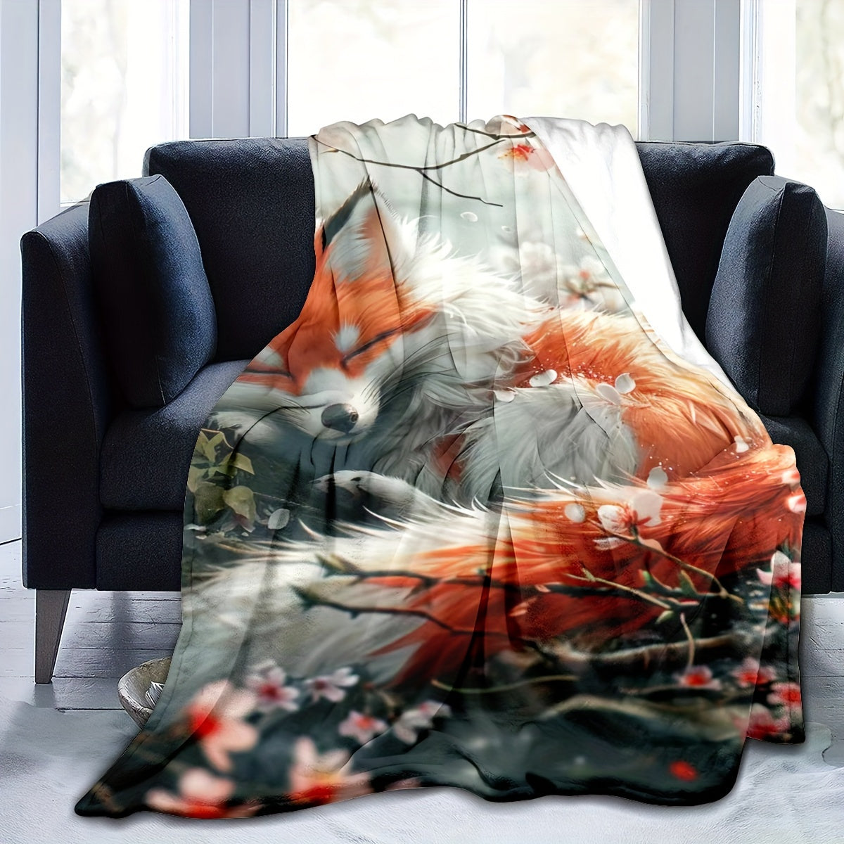 Soft Fox Print Flannel Throw Blanket Hypoallergenic All-Season Couch Bed Travel