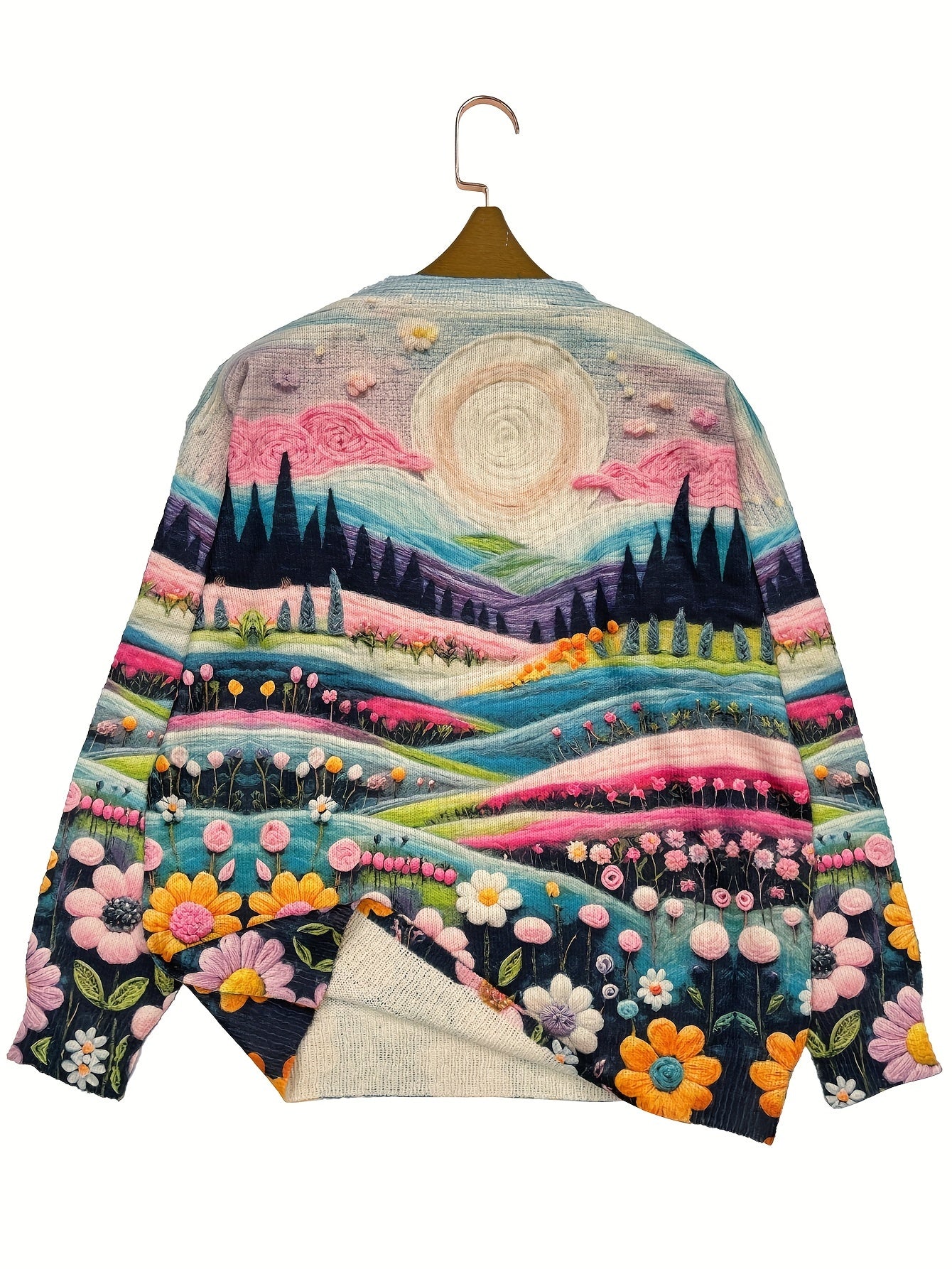 Suéter de punto de manga larga con cuello redondo y estampado floral para mujer talla grande