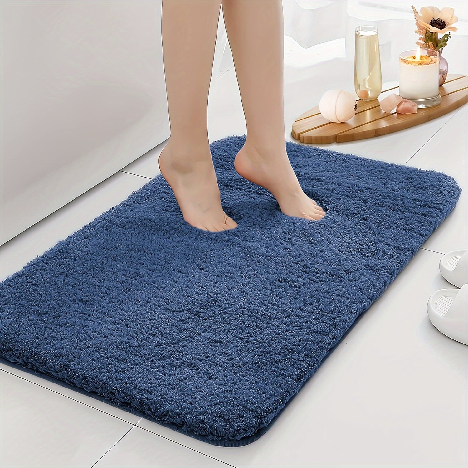 Plush Bathroom Mat Non-Slip Soft Polyester Rectangular Rug