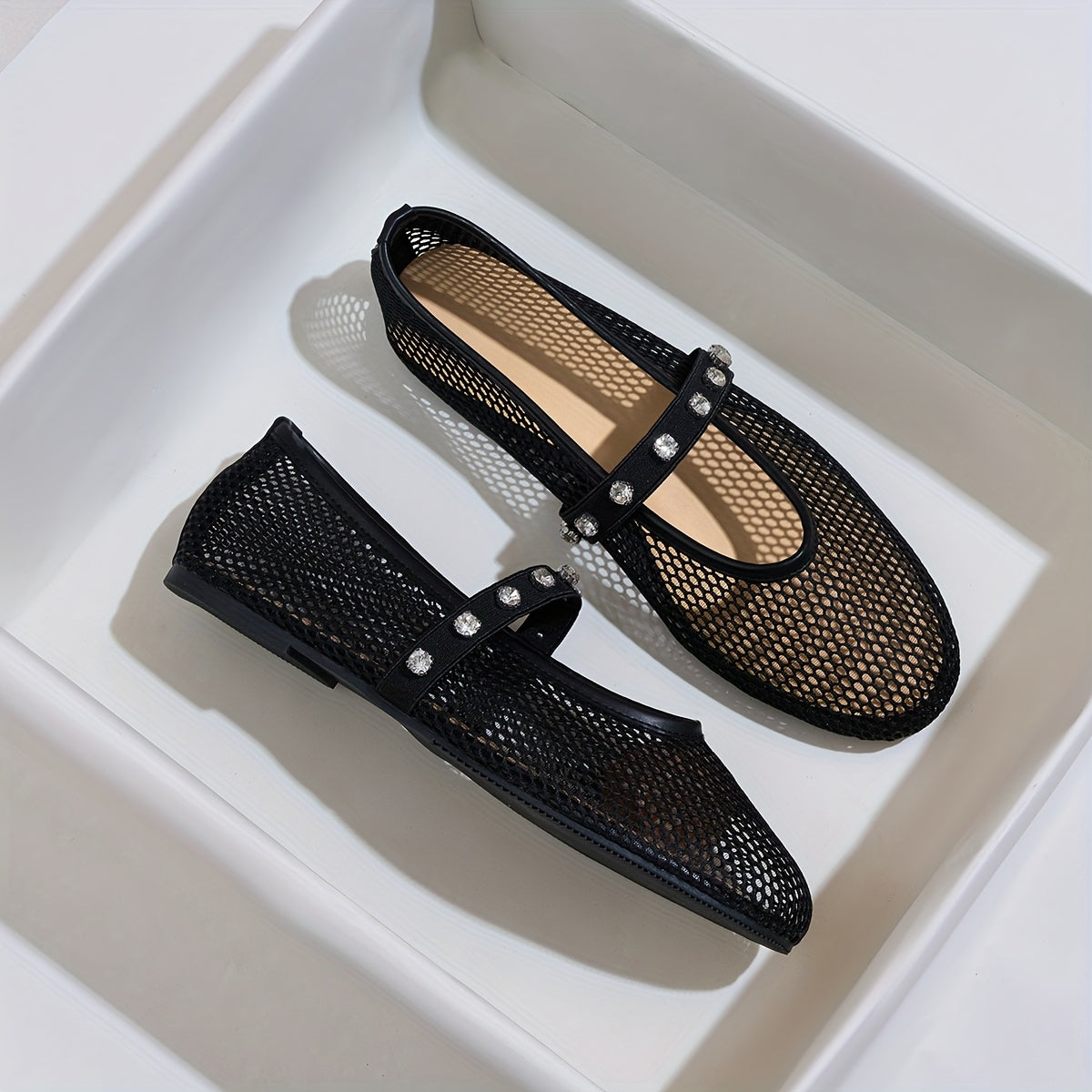 Women's Mesh Ballet Flats with Rhinestone Strap and Round Toe