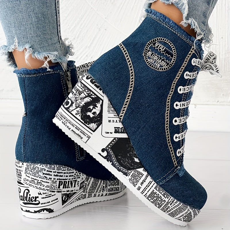 Women’s Solid Denim Lace-Up Platform Boots with Wedge Heel and Round Toe