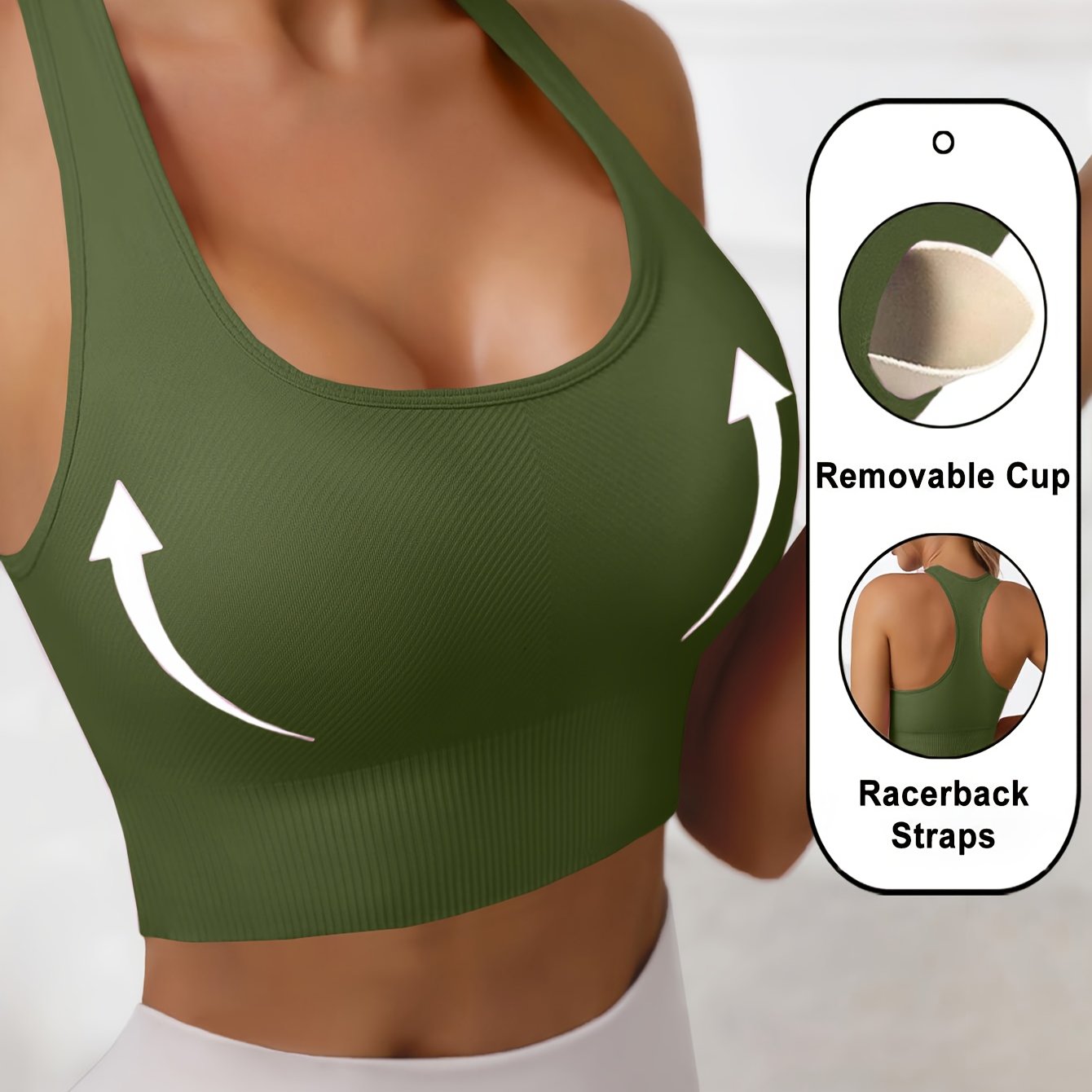 Women's Black High-Stretch Polyamide Sports Bra with Removable Cups and Racerback Support