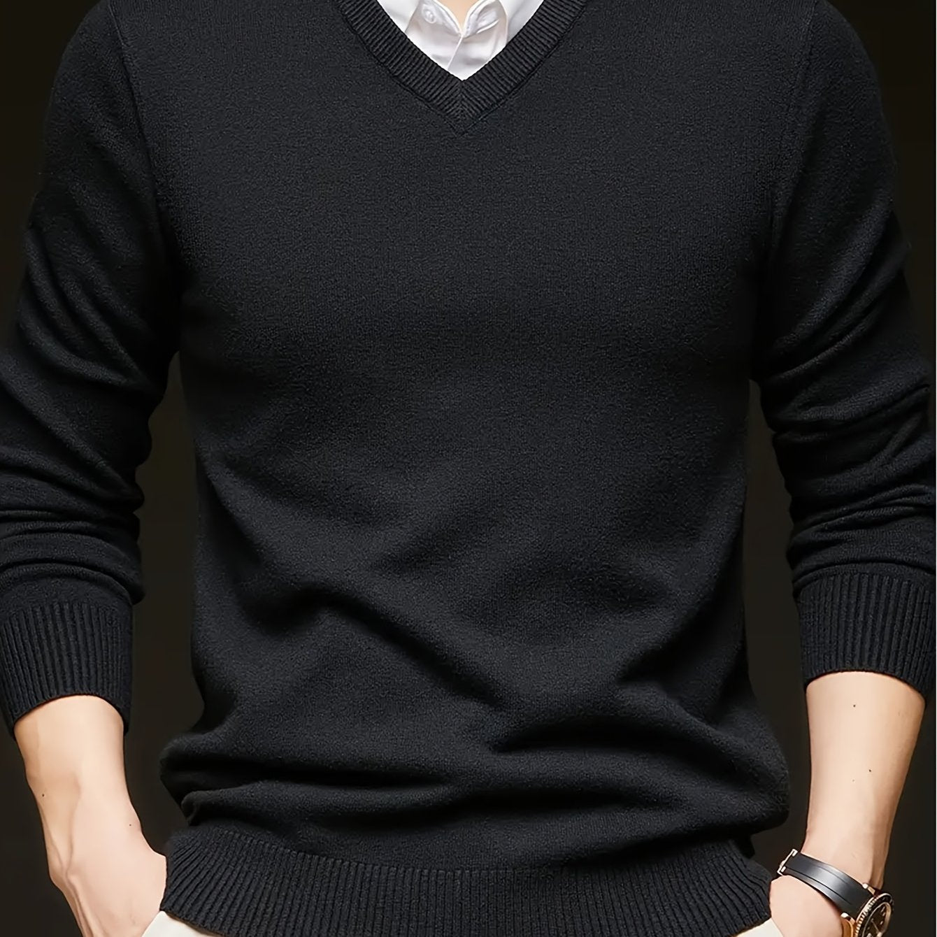 Men's Solid Color V-Neck Knit Sweater Long Sleeve Casual Pullover