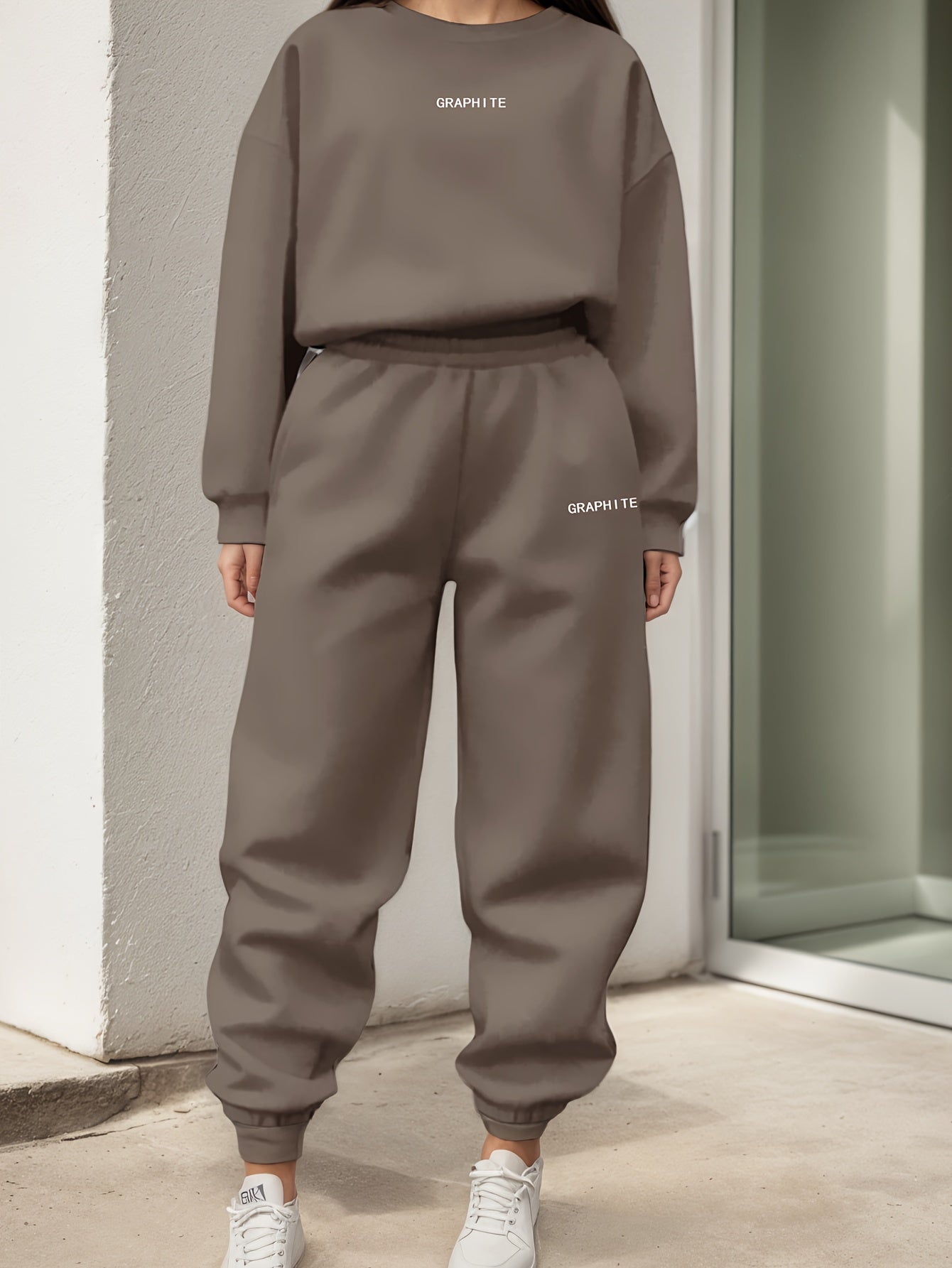 Plus Size Women Sportswear Set Polyester Embroidered Letter Casual Streetwear