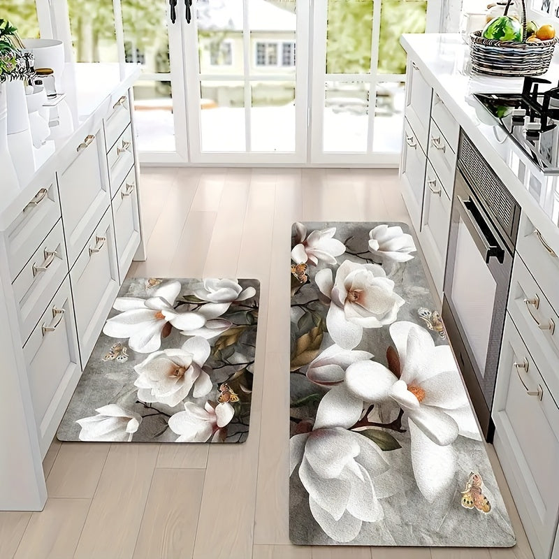 White Magnolia Floral Kitchen Mat 1cm Thick Non-Slip Rectangular Floor Carpet