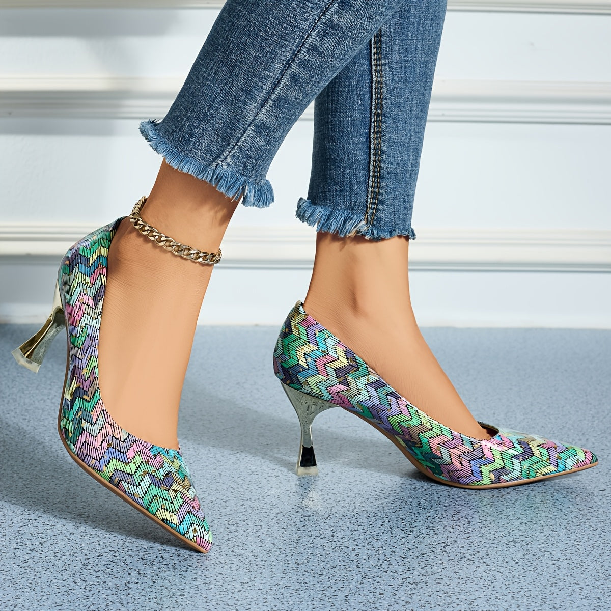 Women's Faux Leather Stiletto Heels Colorful Diamond Pattern Pointed Toe Pumps