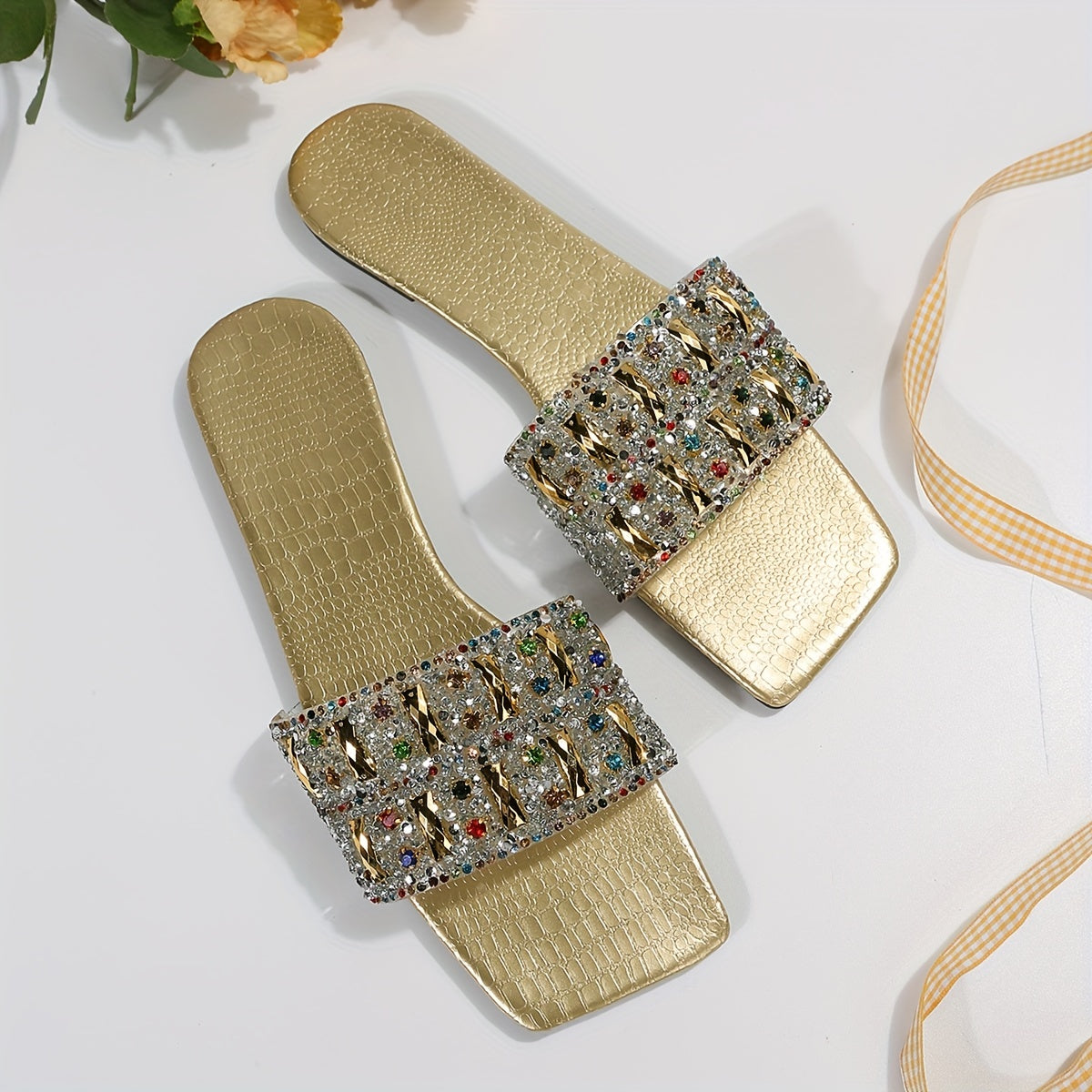 Women's Rhinestone Square Toe Flat Sandals Slip-On Summer Open Toe Ankle Strap