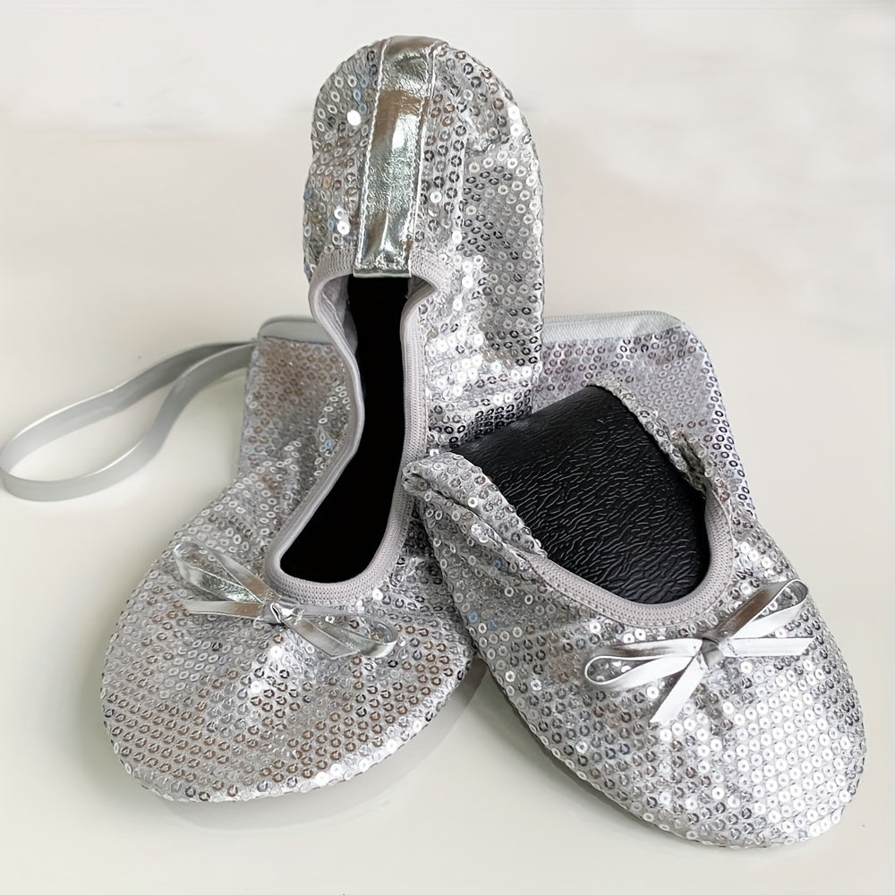 Women's Foldable Portable Travel Ballet Flat Shoes With Sequins and Pouch