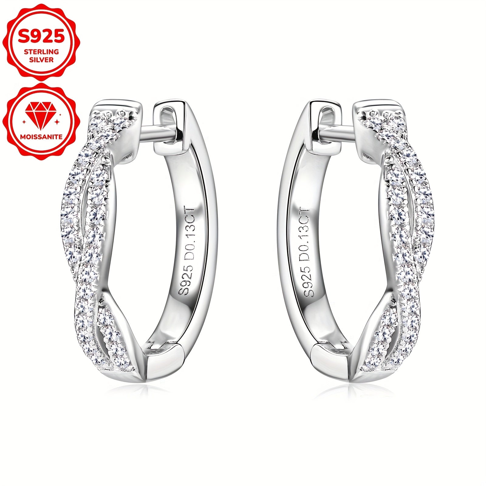 Women's Silver Hoop Earrings with Moissanite Stones 3.29g 52pcs 0.13ct Twist Design