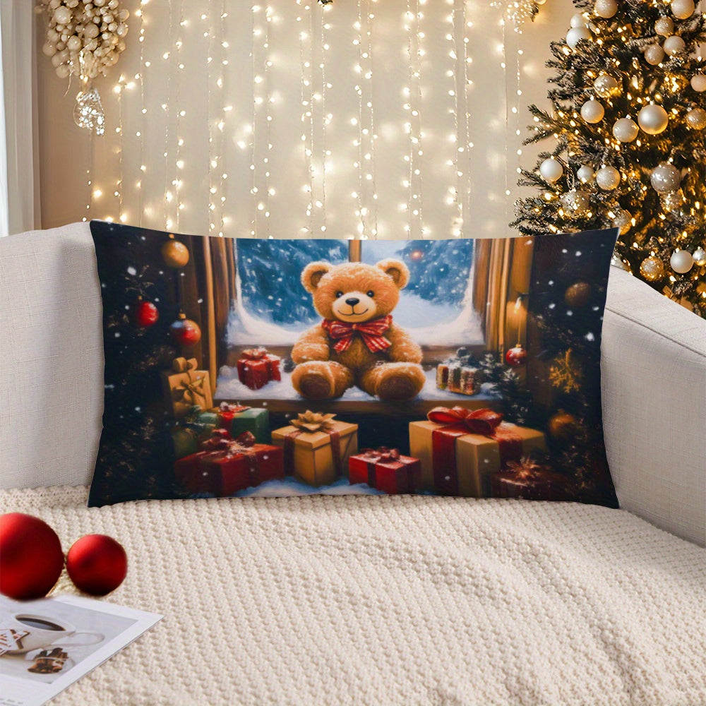 Christmas Teddy Bear Pillow Cover 45.72x45.72 cm Soft Knit Fabric Decorative Cushion Case