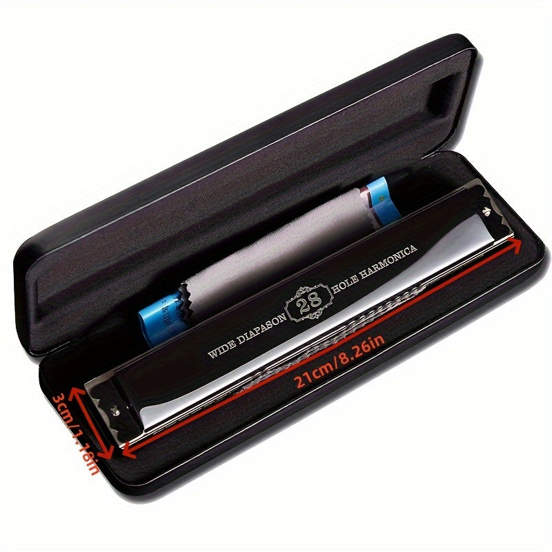 Professional 28-teshikli blues harmonikasi, metall brass yadro va silliq ko'k/qora qoplama bilan. Quti bilan birga. Musiqa ijrochilari va talabalar uchun ideal.