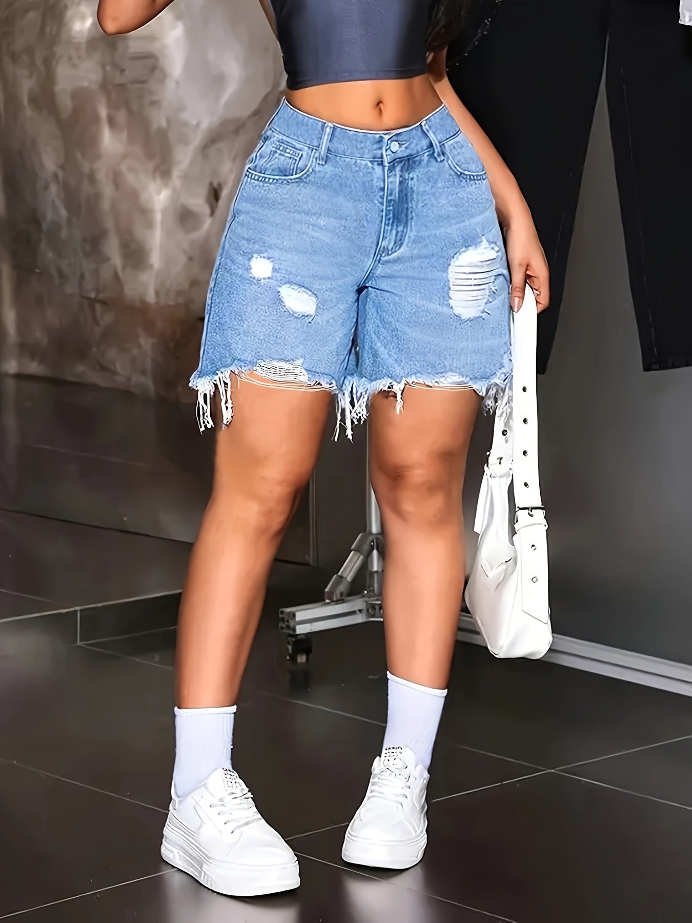 Women's Plus Size Distressed Denim Shorts High-Waisted Light Blue Casual Summer