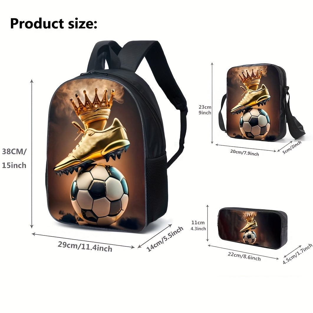 Boy's Football Pattern Backpack Set with Crossbody Bag and Pencil Case