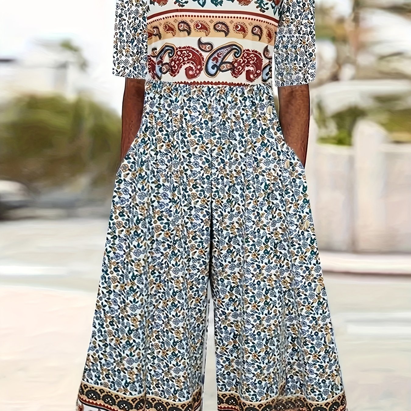 Women's Bohemian Knit V-Neck Jumpsuit with Pockets Wide Leg Romper