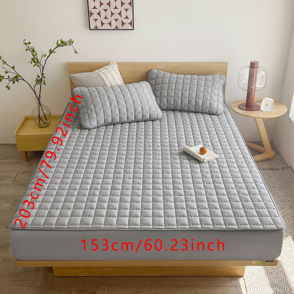 Light Gray Quilted Waterproof Fitted Sheet Breathable Polyester Deep Pockets Easy Care