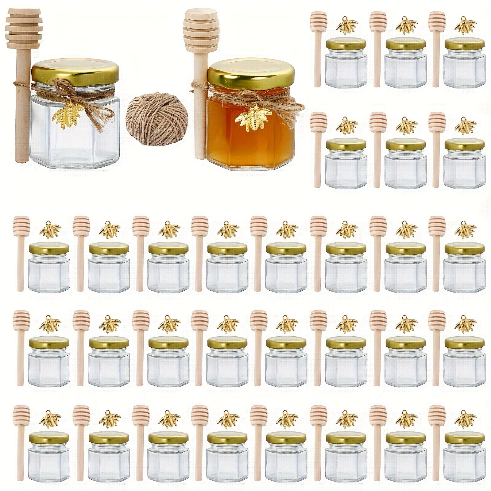 Hexagonal Glass Jar with Gold Lid and Wooden Bucket for Food Storage and Events