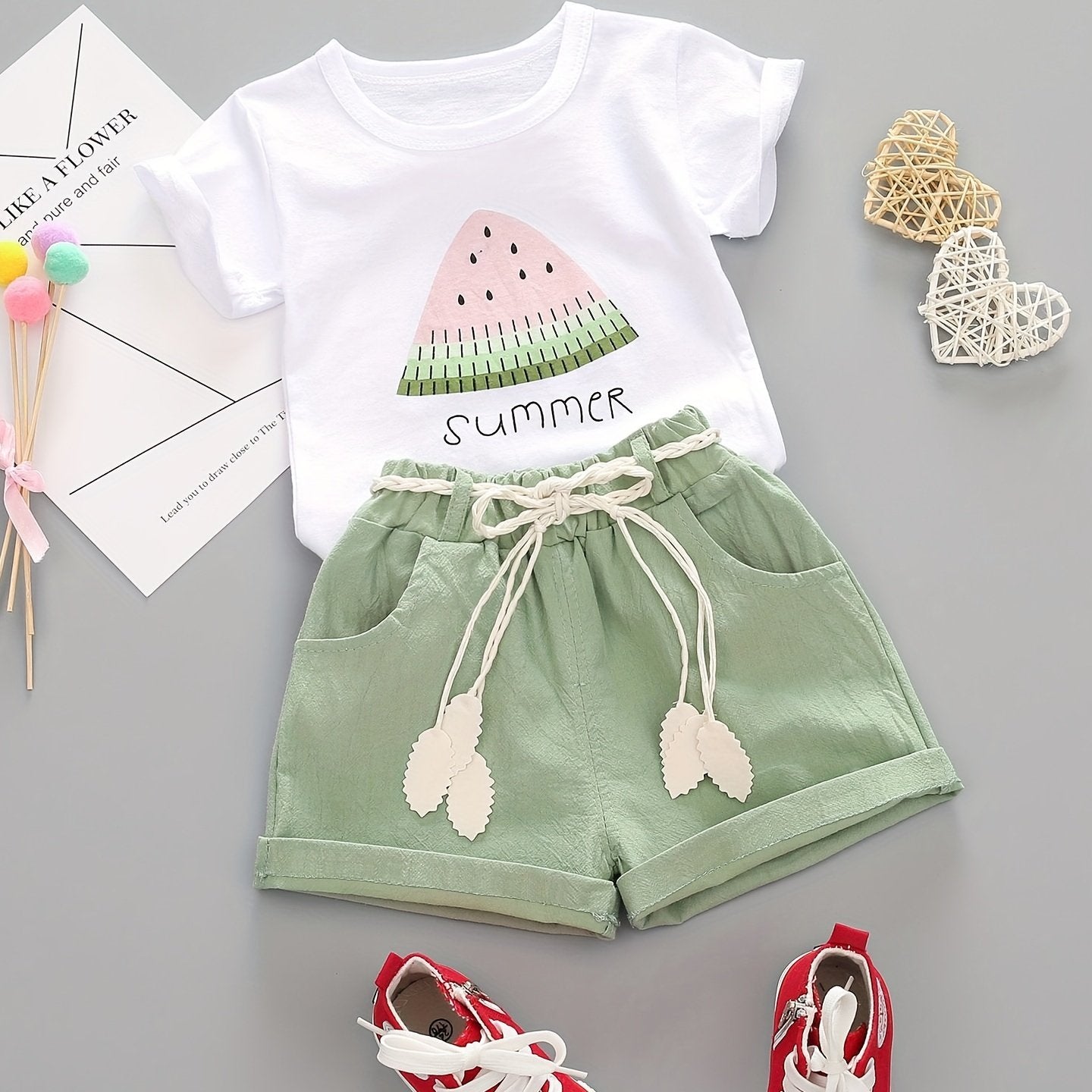 Girls Summer Outfit Watermelon Print Cotton Short Sleeve T-Shirt and Casual Shorts Set