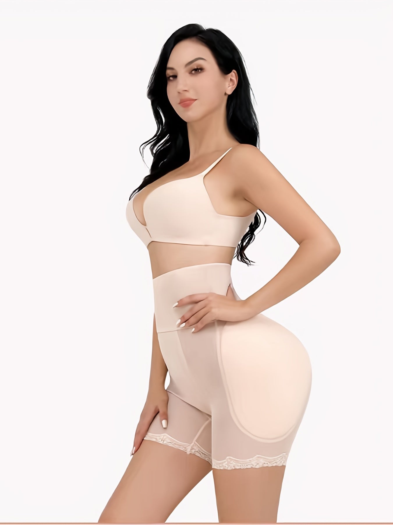 Beige High-Waist Shaping Shorts for Tummy Control and Thigh Slimming with Mesh Detailing