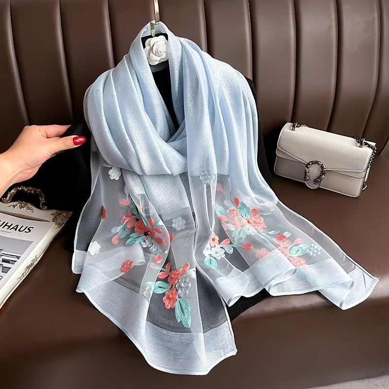 Women’s Embroidered Begonia Flower Scarf Thin Dual-Layer Breathable Solid Color Shawl