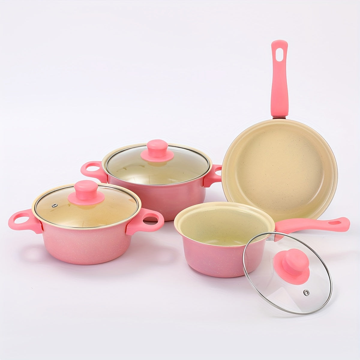 Non-Stick Cookware Set 10 Pieces Cast Iron Pots Pans with Lids Pink