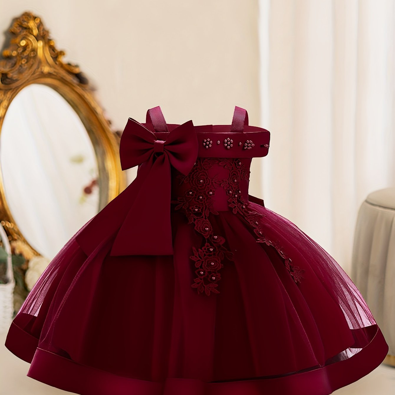 Girls Sleeveless Flower Embroidered Midi Dress with Bowknot for Formal Parties