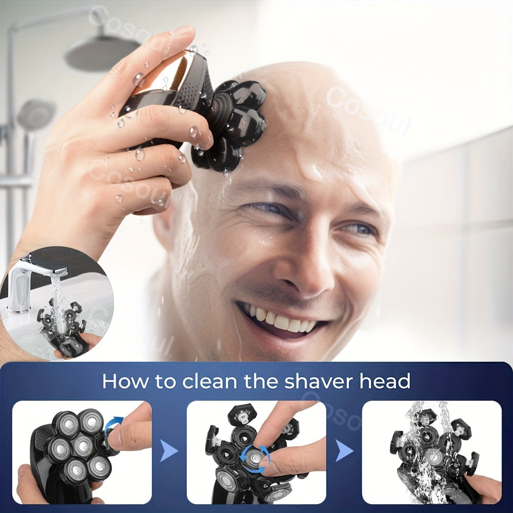 7-в-1 Электробритва для мужчин, перезаряжаемый USB, LED-дисплей, плавающие головки, машинка для стрижки волос, триммер для носа и бороды, моющаяся, длинный срок службы батареи