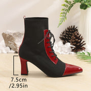 Women's Black and Red Pointed Short Boots Thick Heels Outdoor Shoes