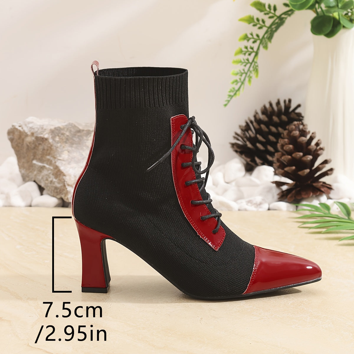 Women's Black and Red Pointed Short Boots Thick Heels Outdoor Shoes