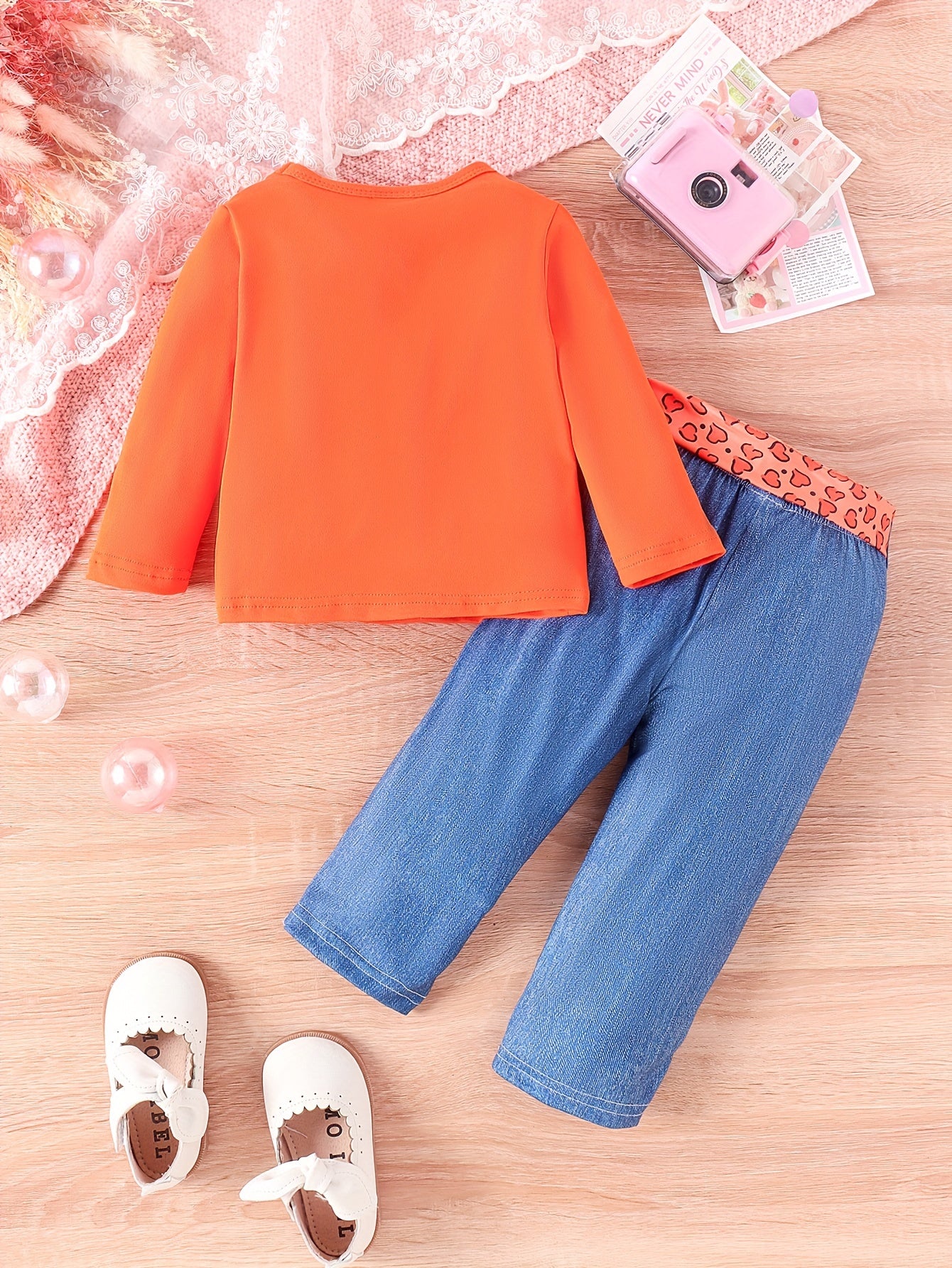 Infant Toddler Girls 3-Piece Outdoor Set Long Sleeve Cartoon Top Faux Jeans Belt Spring Fall