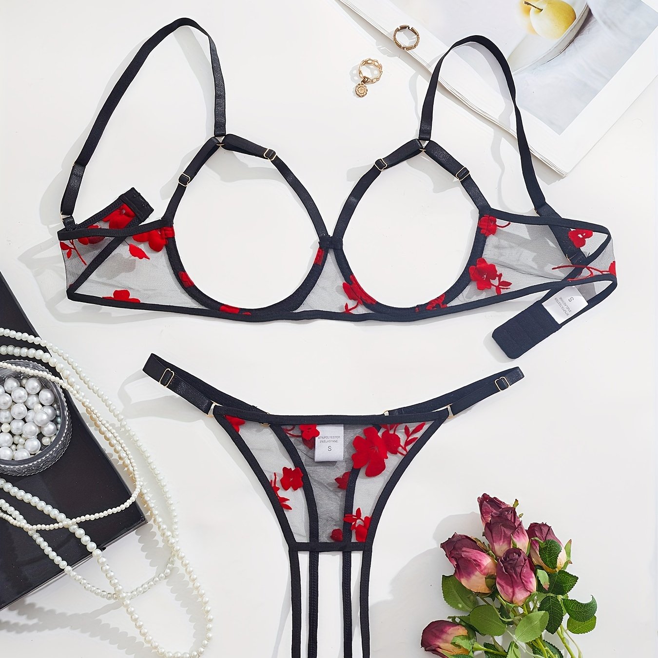 Women's Black and Red Floral Lace Lingerie Set with Bralette and Thong