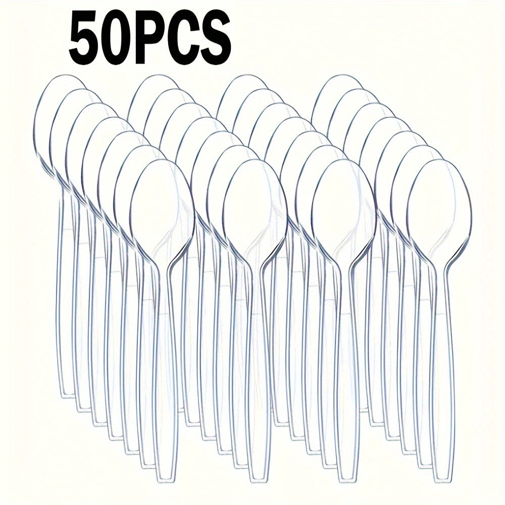 Desertlar, sho'rvalar, pirojnoe uchun 50 dona shaffof plastmassa qoshiq, qayta ishlatiladigan