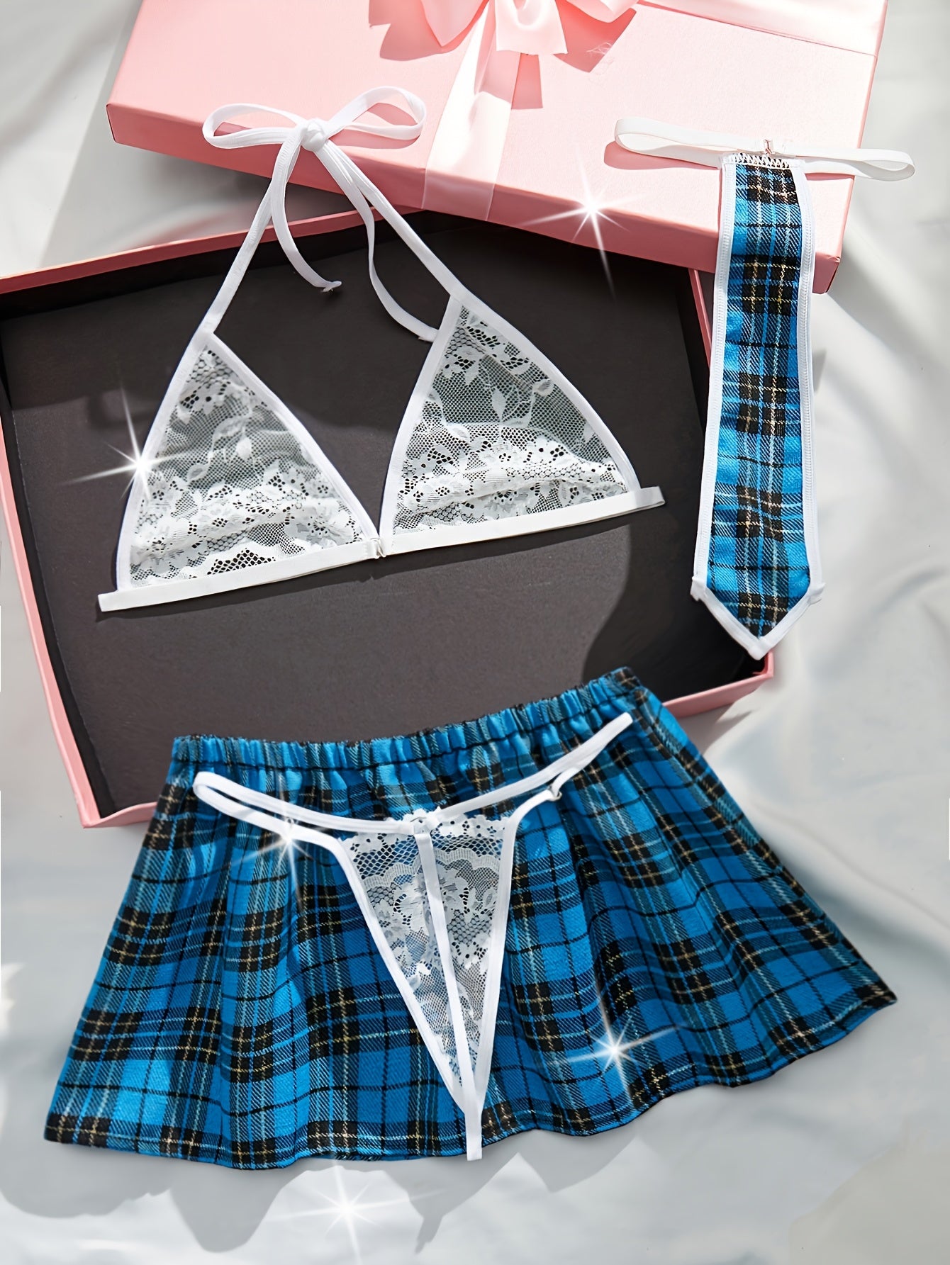 Women's Red Plaid Lingerie Set with Medium Support and Color Block Design